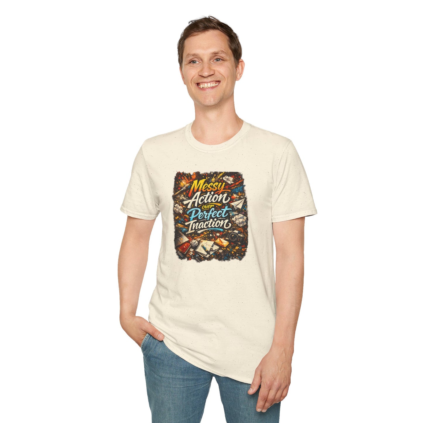 Messy Action Over Perfect Inaction T-Shirt — Inspirational Adventure Graphic Tee for Men/Boys