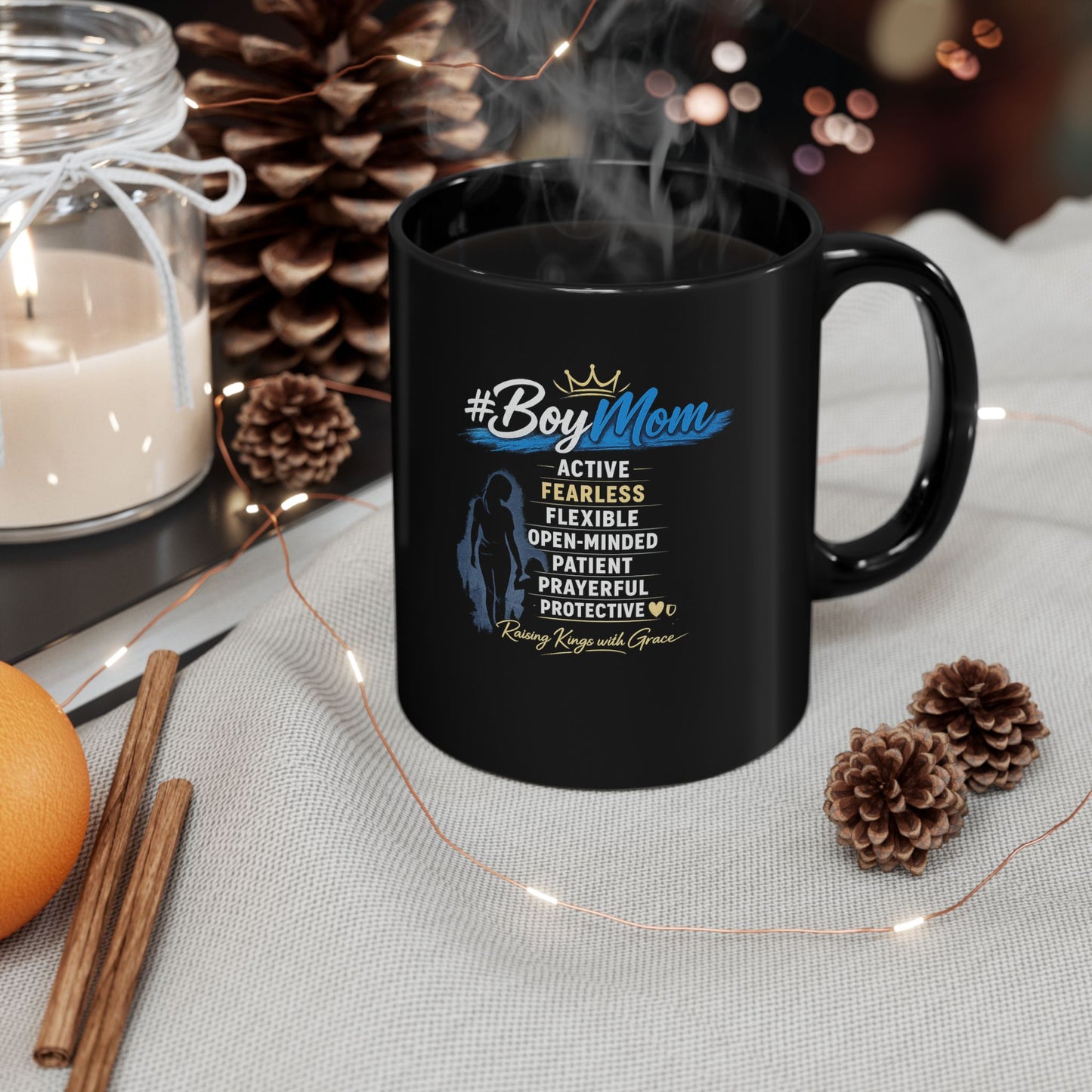 Boy Mom Coffee Mug — #BoyMom Traits List Black Ceramic Mug (11oz & 15oz)