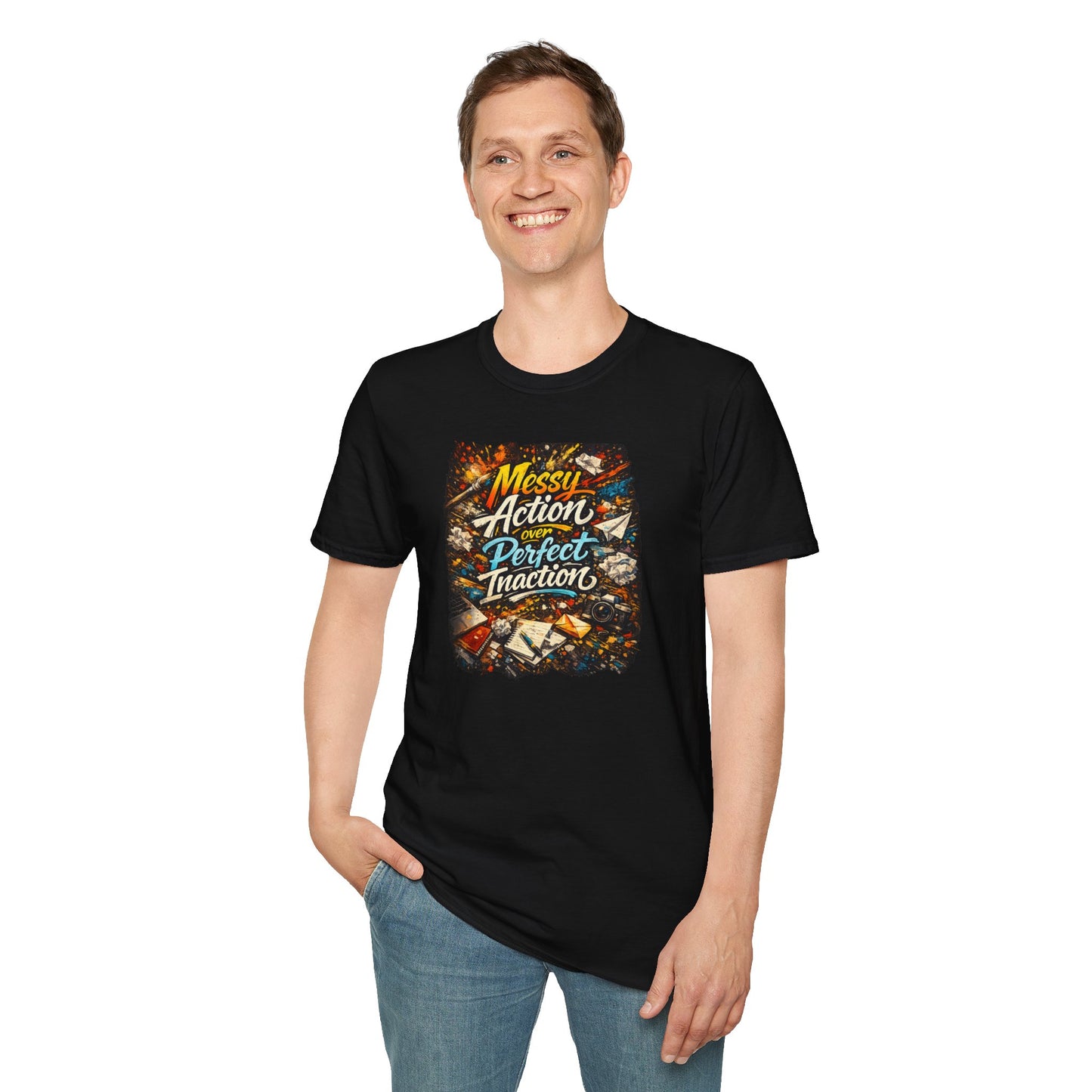 Messy Action Over Perfect Inaction T-Shirt — Inspirational Adventure Graphic Tee for Men/Boys