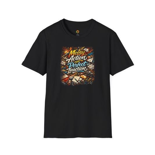 Messy Action Over Perfect Inaction T-Shirt — Inspirational Adventure Graphic Tee for Men/Boys